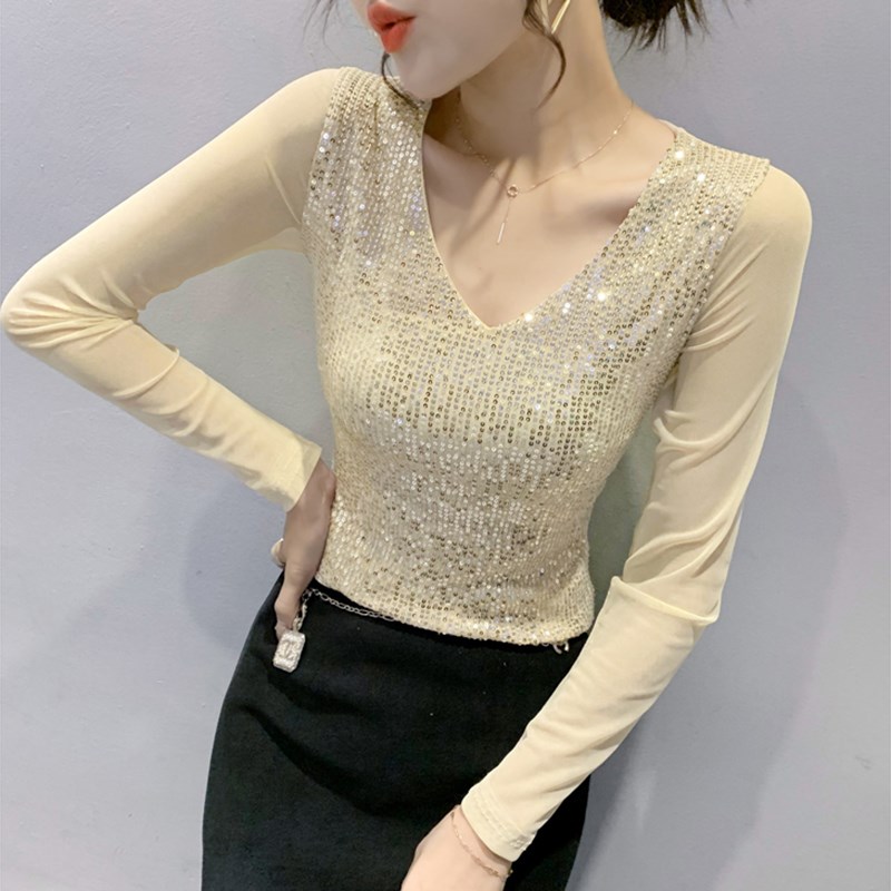 2024秋冬新款性感V领T恤女长袖亮片网纱上衣洋气修身百搭打底衫潮