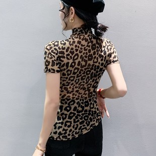 半高领豹纹网纱打底衫女2025春夏季新款显瘦短袖T恤修身洋气小衫