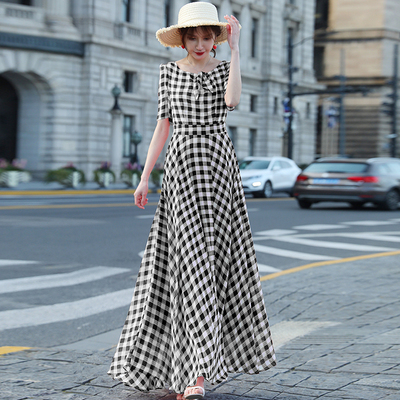 黑白格子连衣裙长裙女夏高端长款气质沙滩裙收腰雪纺裙子海边度假