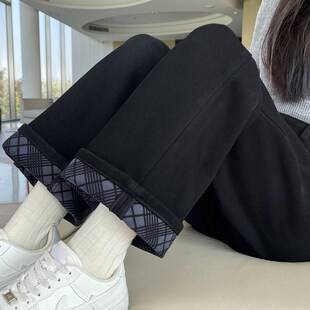 黑色加绒窄版阔腿牛仔裤女2025冬季新款高腰显瘦宽松梨型直筒裤子