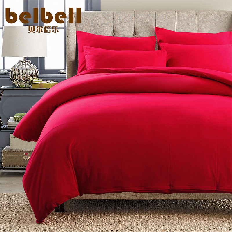 天竺棉婚庆四件套针织棉大红结婚床上用品全棉新婚2.0m双人被套