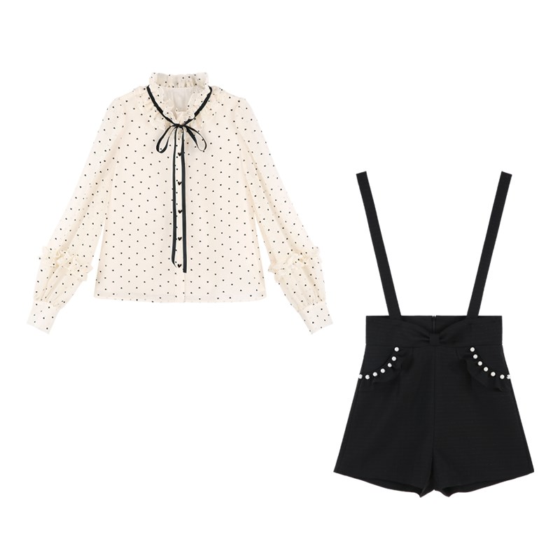 高级感雪纺波点衬衫背带短裤时尚套装女秋装2024年新款裤子两件套