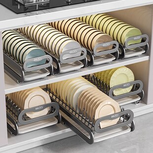 厨房抽拉碗碟收纳架橱柜内放碗拉篮抽屉式碗盘盘子置物架沥水架子