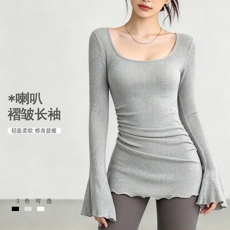 春秋女大方领喇叭袖显瘦长袖T恤