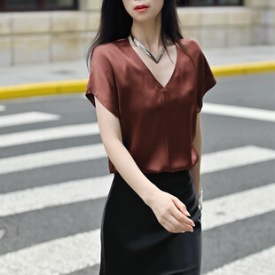 2024夏秋新款品三醋酸缎面丝滑垂顺纯色V领宽松短袖t恤女上衣罩衫