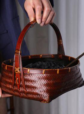 工竹手编碳盒碳篮木竹编茶具收纳炭筐59335提纳篮炭钵炭篓茶室炭