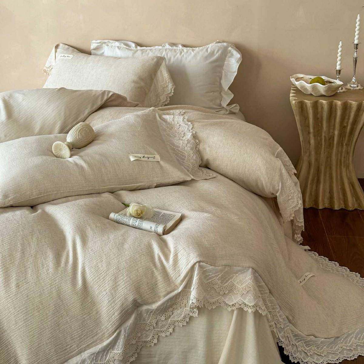 法式双层蕾丝棉布花边棉麻四件套纯棉被套床单裸睡透气四季款床品,电子元器件市场,其它元器件,淘宝优惠券,粉丝福利购,淘宝优惠卷