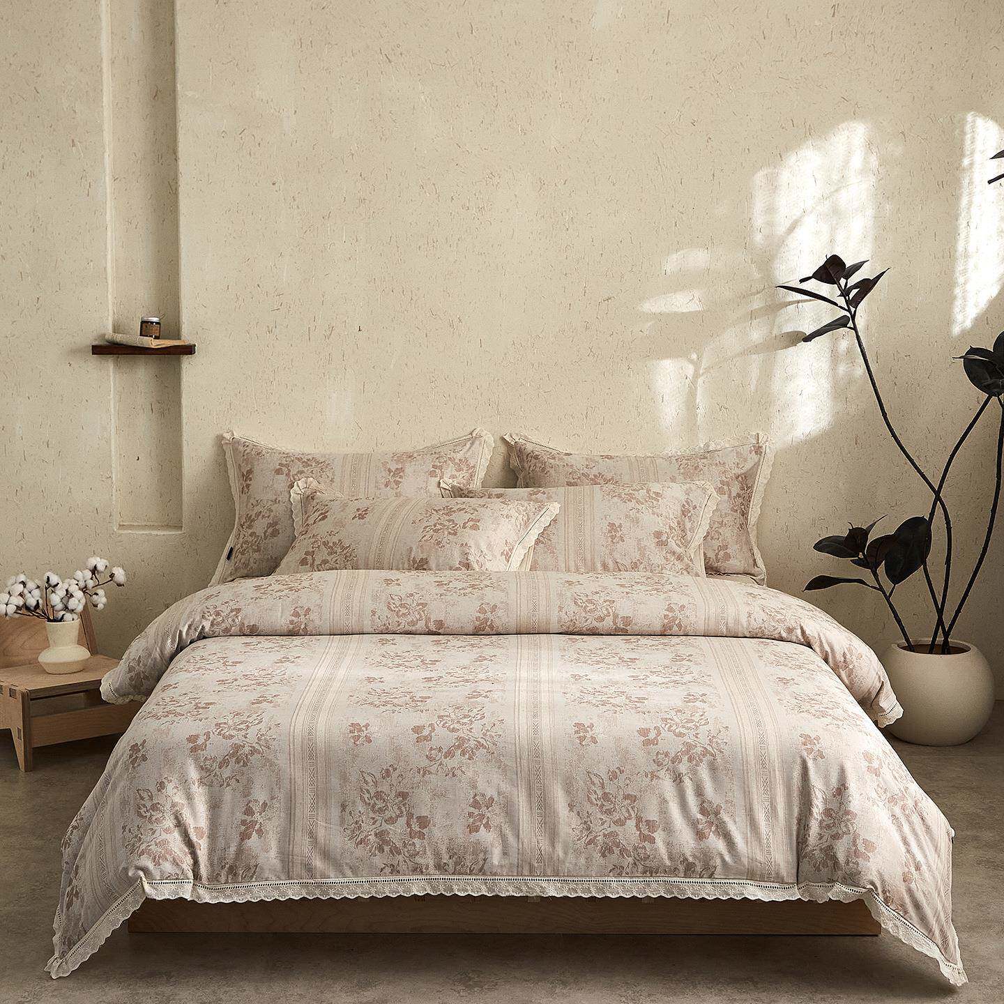 法式慵懒质朴蚕丝棉麻四件套植物花卉立体提花蕾丝花边被套床品