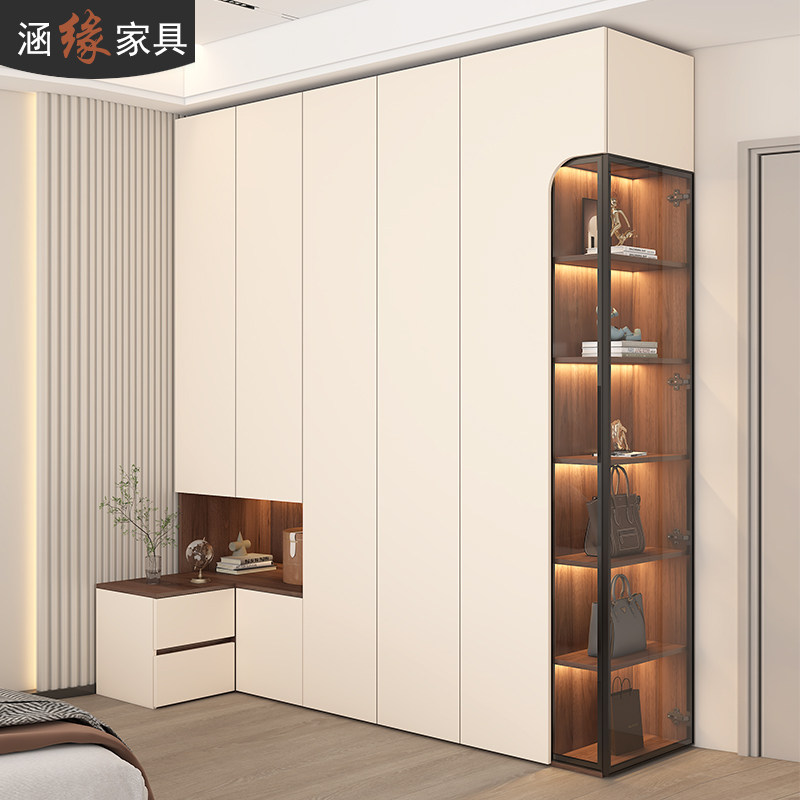 奶油风l型转角衣柜带床头柜一体家用卧室衣帽间一门到顶大衣整体