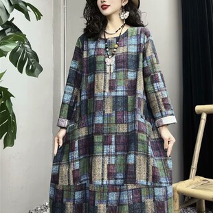 春装新款复古风棉麻印花拼接圆领长袖连衣裙女宽松大码显瘦中长裙