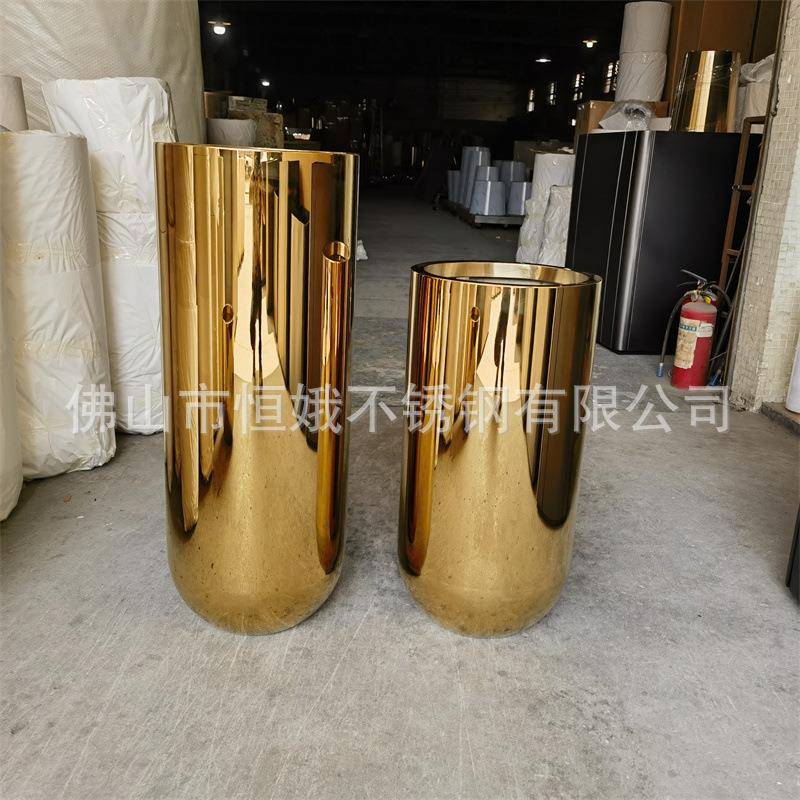现家居装饰盆花室内66601圆底代花不锈钢镜面金色落地花钵瓶