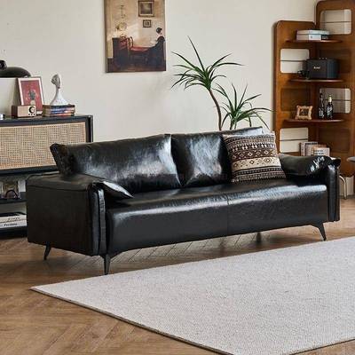 黑色沙发小户型客厅现代简约公寓卧室出租房复古油蜡皮艺双人沙发