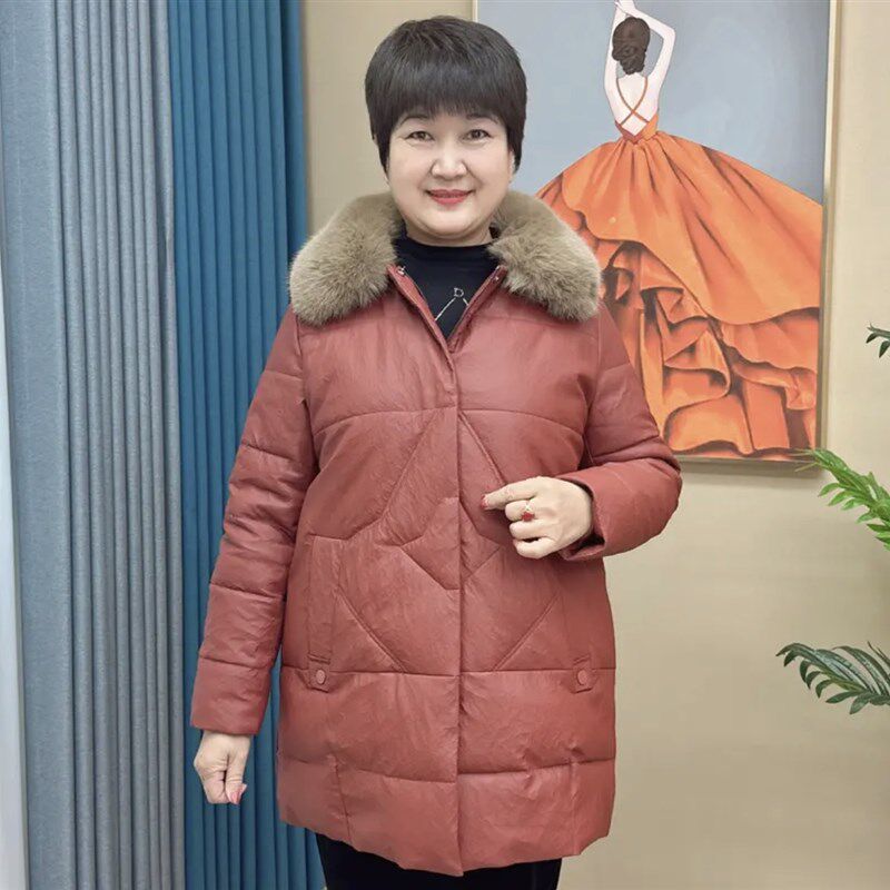 2023冬季新款PU皮加厚棉衣中年妈妈装大尺码毛领皮衣保暖中长版外