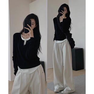 内搭修身 设计感假两件拼接打底衫 上衣 t恤女春秋新款 黑白拼色长袖