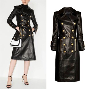 中长款 领双排扣长袖 风衣帅气腰带皮质外 皮衣女秋冬西装 2024年新款