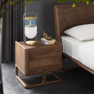 北美黑胡桃木家具床头柜北欧实木双抽床边柜卧室二斗柜轻奢储物柜