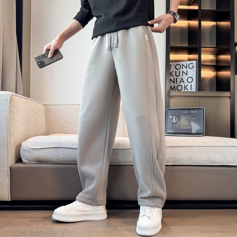 痞帅高级感情侣装加绒卫裤男2025秋冬款宽松直筒裤子男潮牌弯刀裤