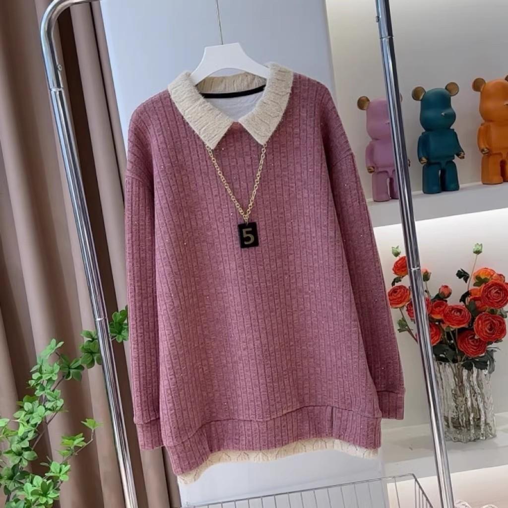 大码中长款翻领加绒卫衣秋冬新款2025年宽松显瘦减龄休闲打底衫潮