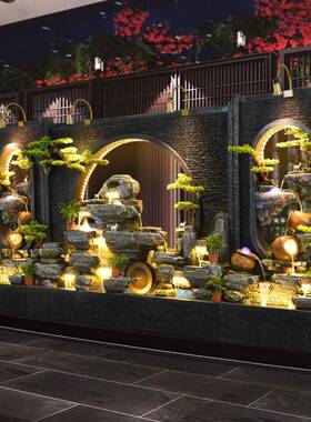 池大型假山水景庭院会所水幕墙喷招泉鱼景观流财餐厅屏JUR风隔断