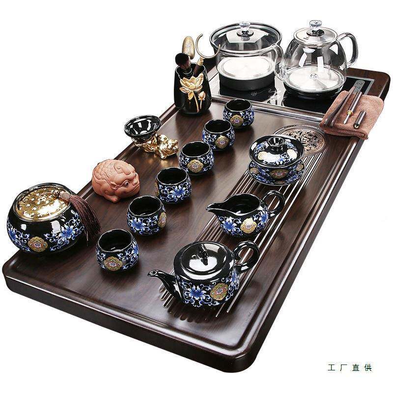 全自动实木茶盘厚玻底部F976HM55璃上水家用功夫茶具套大装一体加