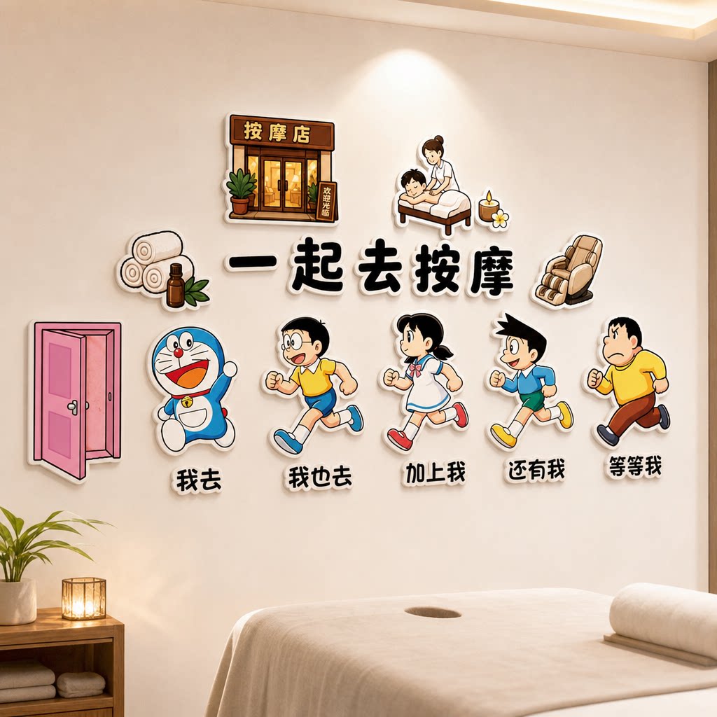 网红足疗店哆啦A梦装饰推拿店墙贴养生馆按摩布置理疗前台造景
