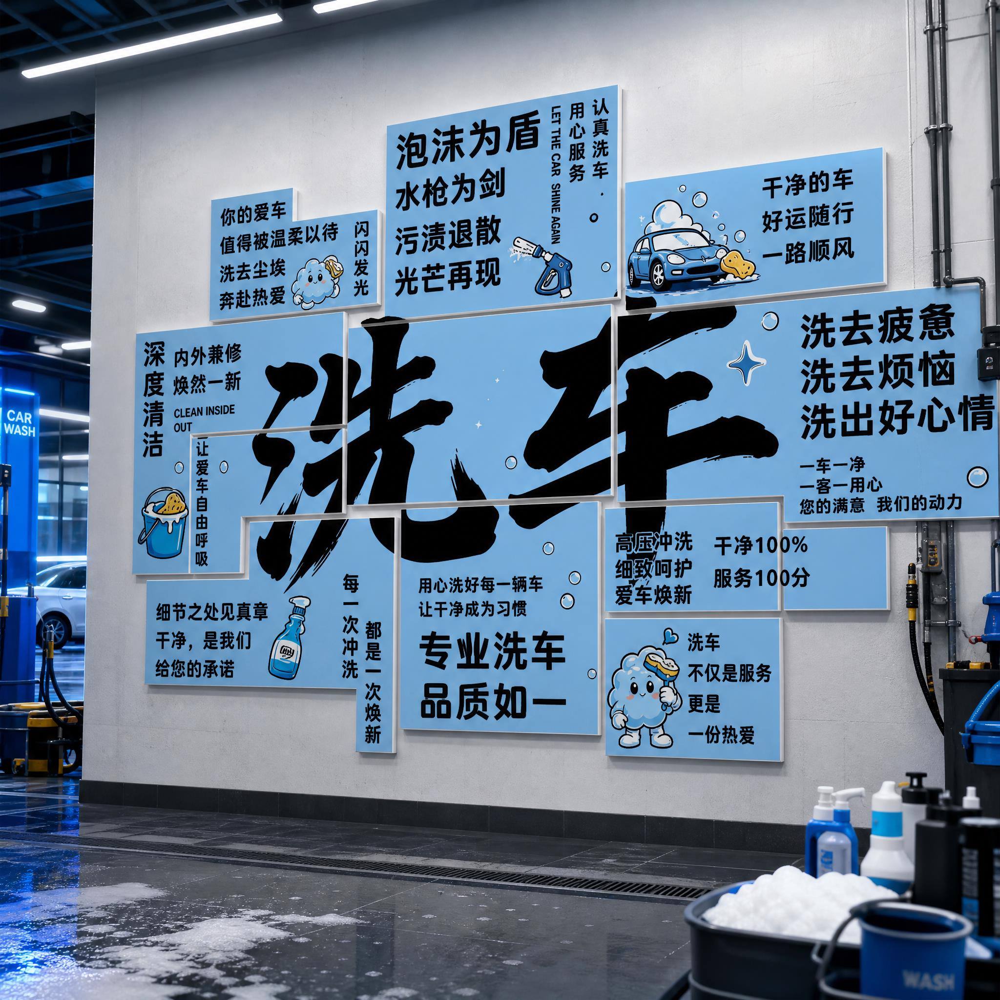 洗车店汽车美容店装饰墙贴招牌展示区氛围布置背景墙创意打卡挂画