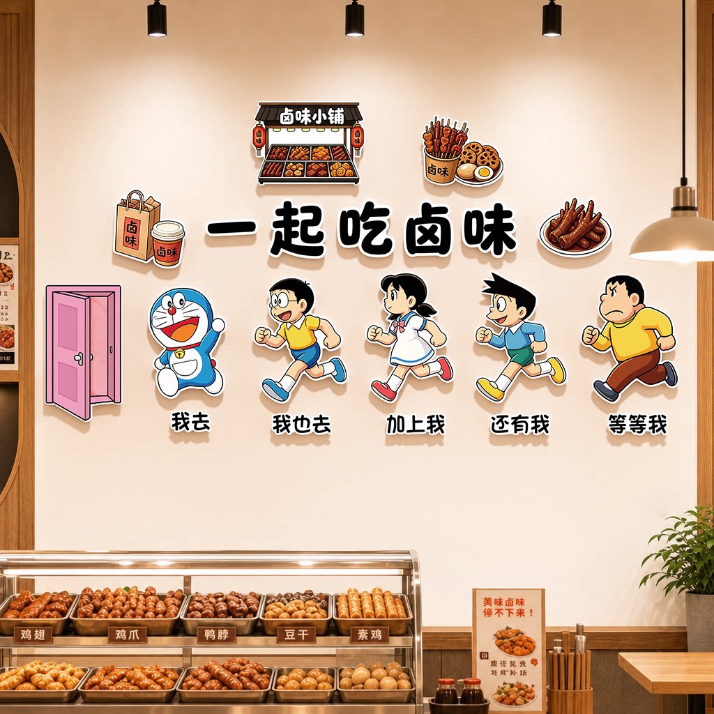 创意熟食店哆啦A梦餐饮店卤菜装饰墙贴门头卤味店面招牌店造景