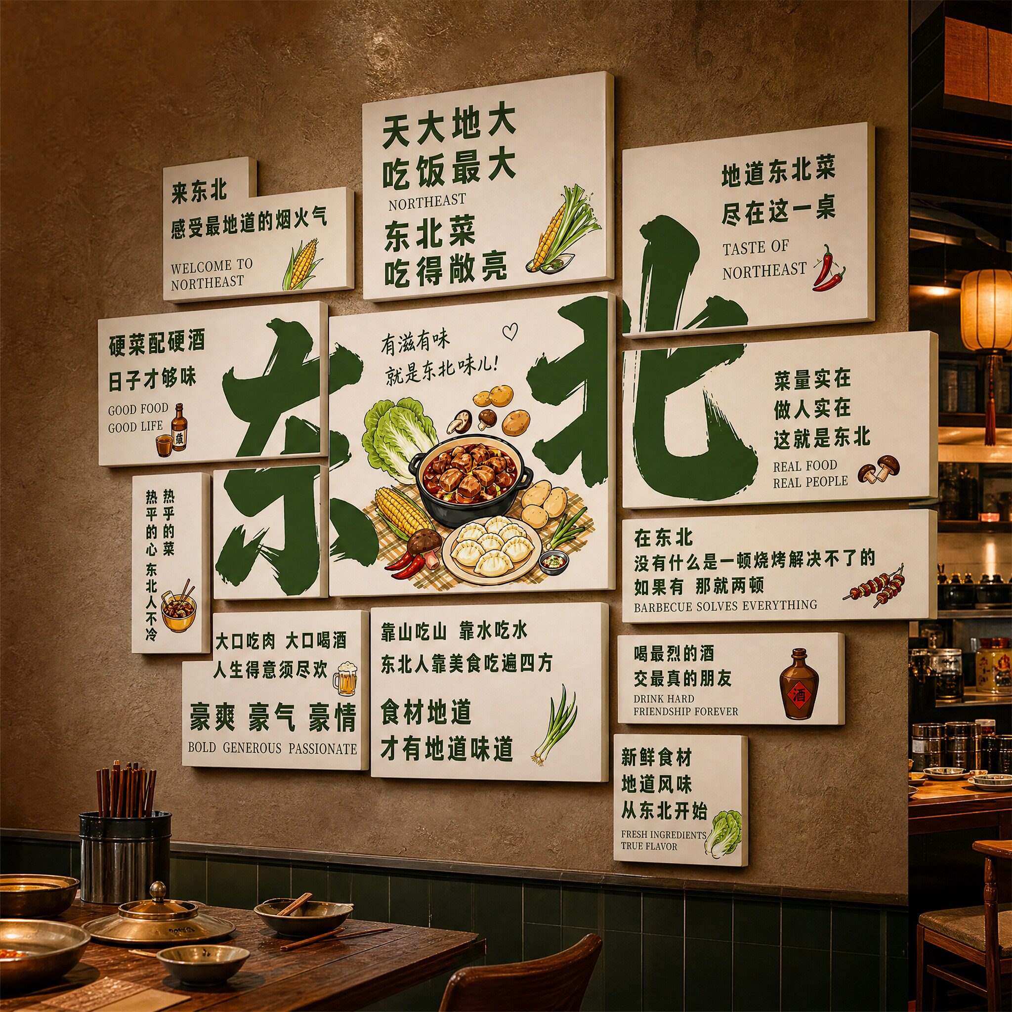 东北菜馆装饰餐饮氛围墙贴饭店背景墙布置家乡菜铁锅炖打打卡装饰