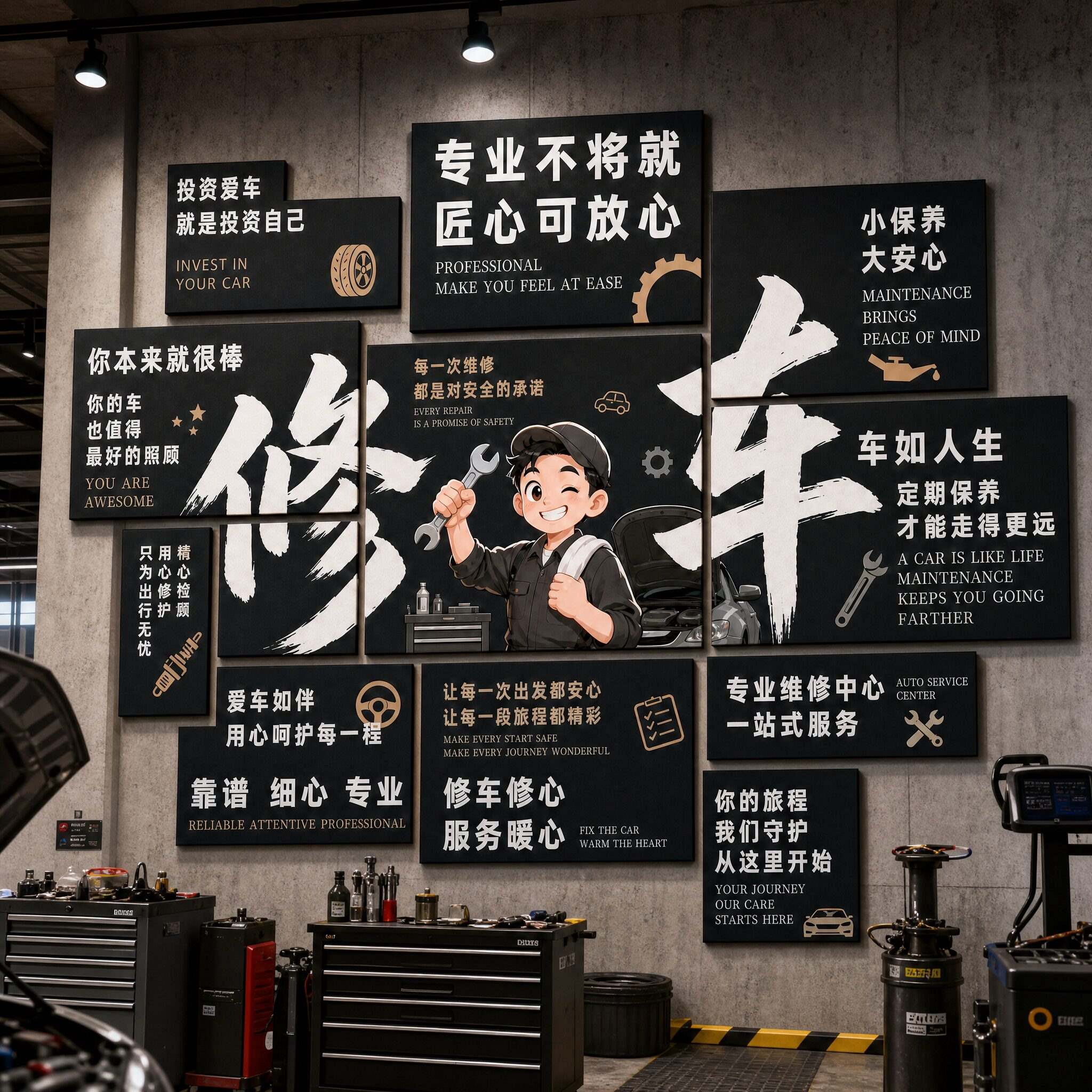 修车店汽修装饰墙贴维修保养氛围背景墙布置车间打网红墙贴装饰画