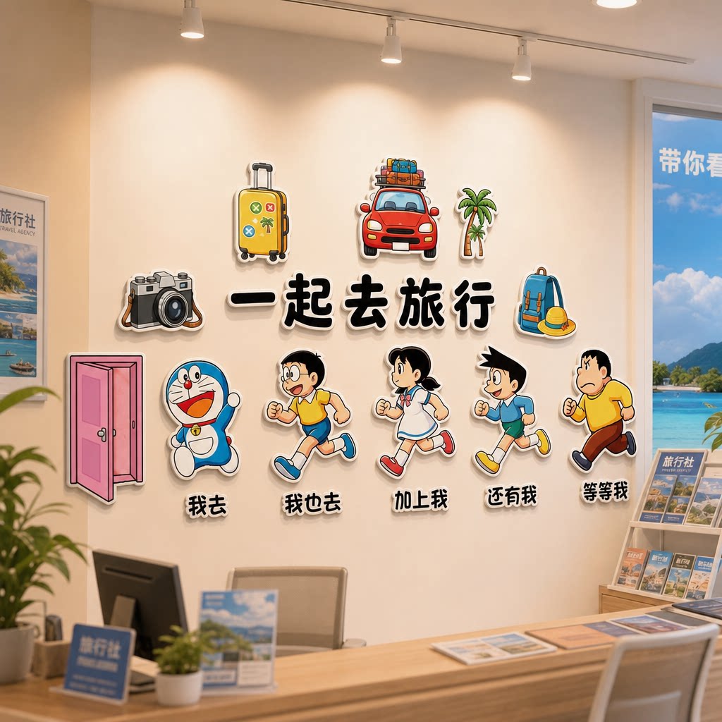 旅行社景点打卡哆啦A梦前台墙贴装饰旅游氛围风景墙创意布置标语