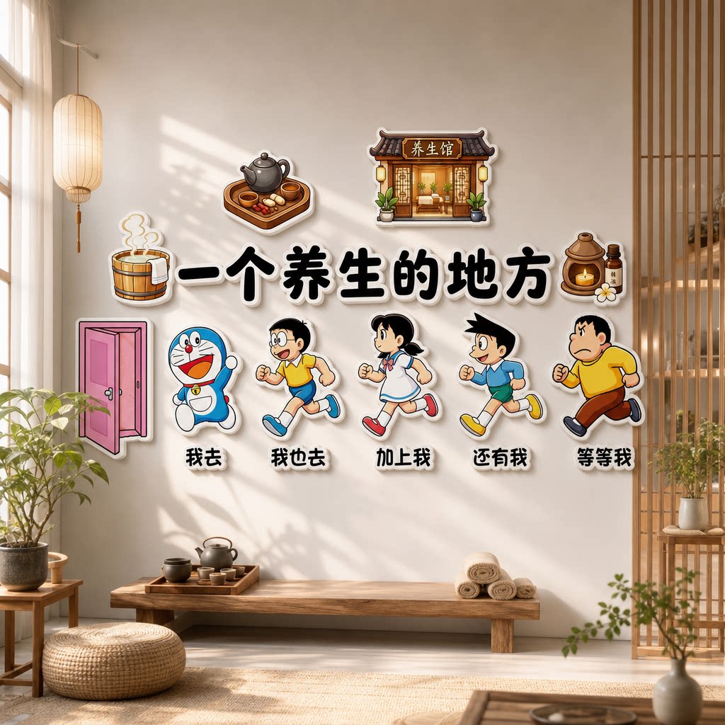 热门禅意馆哆啦A梦布置艾灸馆养生墙贴装饰包间理疗网红收银壁画