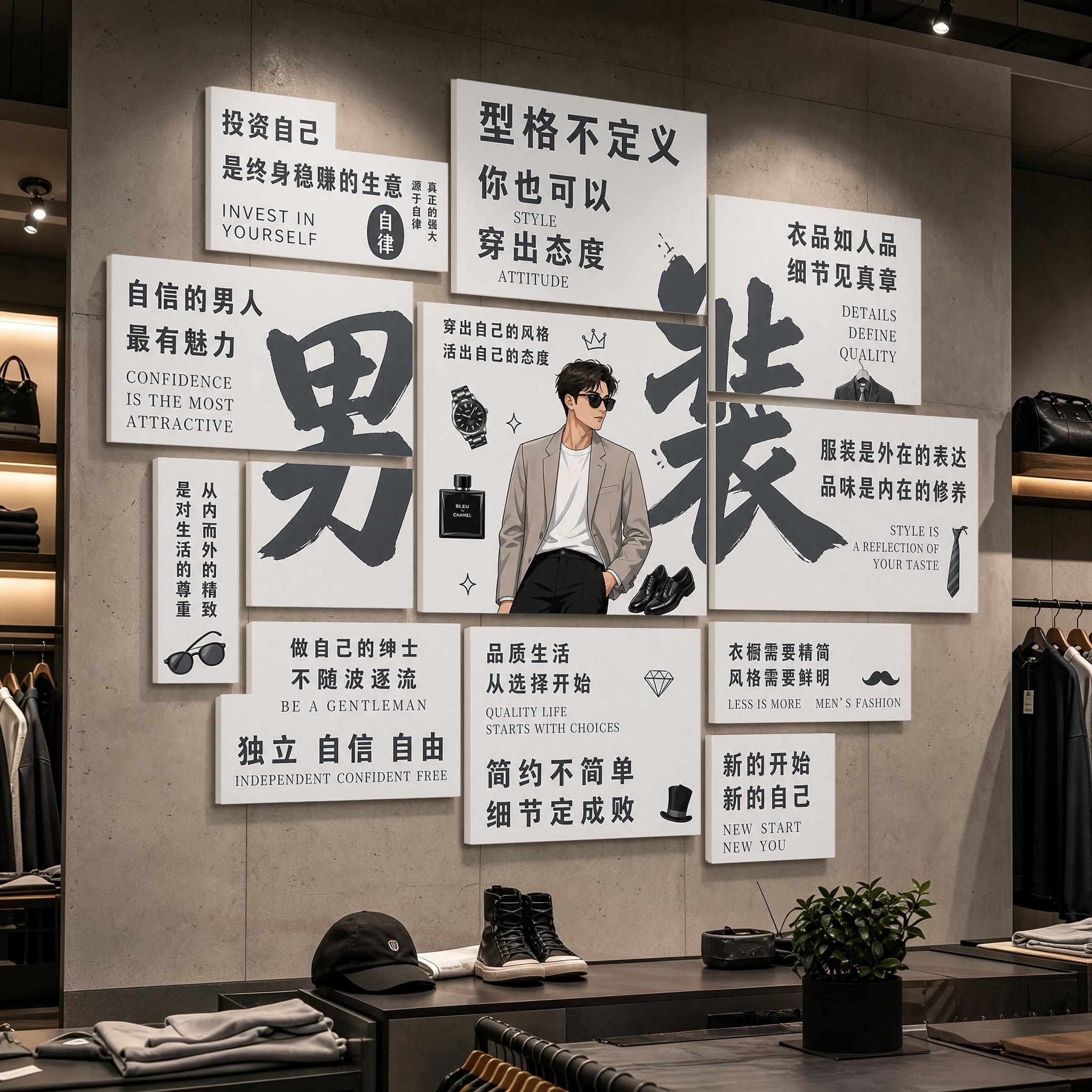 男装店装饰服装时装男士服饰墙面形象背景墙贴创意布置打卡海报