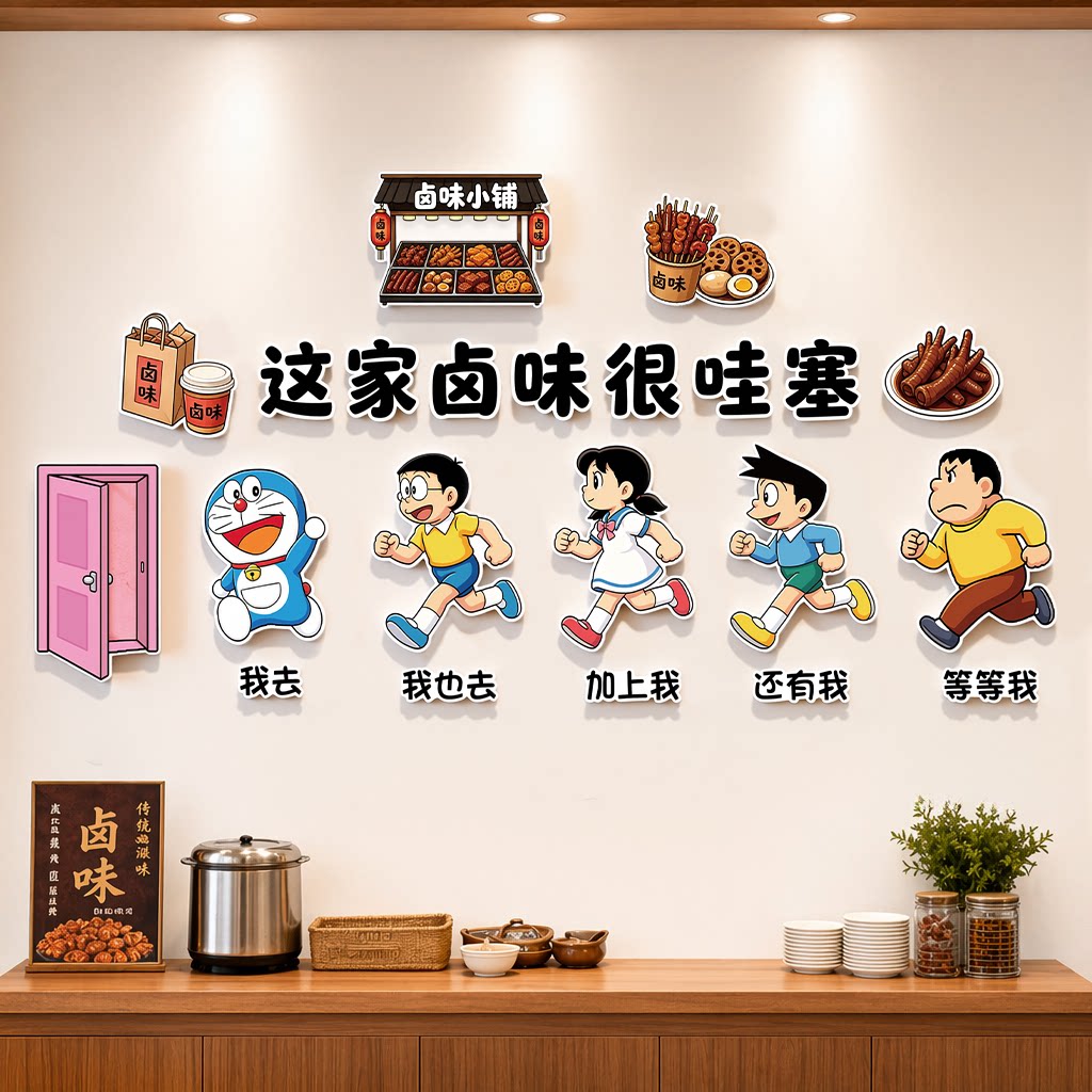 网红熟食店招牌店哆啦A梦墙贴装饰氛围卤菜店收银卤味背景墙壁画