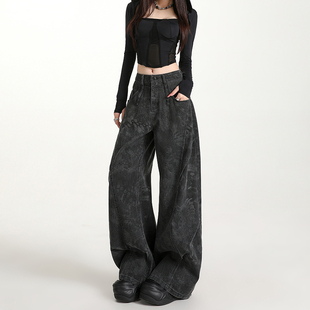 美式印花褶皱加绒牛仔裤女2025冬季新款设计感工装直筒拖地阔腿裤