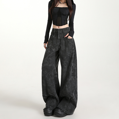 美式印花褶皱加绒牛仔裤