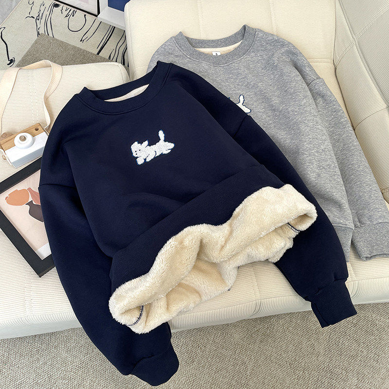 加绒加厚羊羔绒卫衣女秋冬新款韩版宽松超厚保暖套头无帽长袖上衣