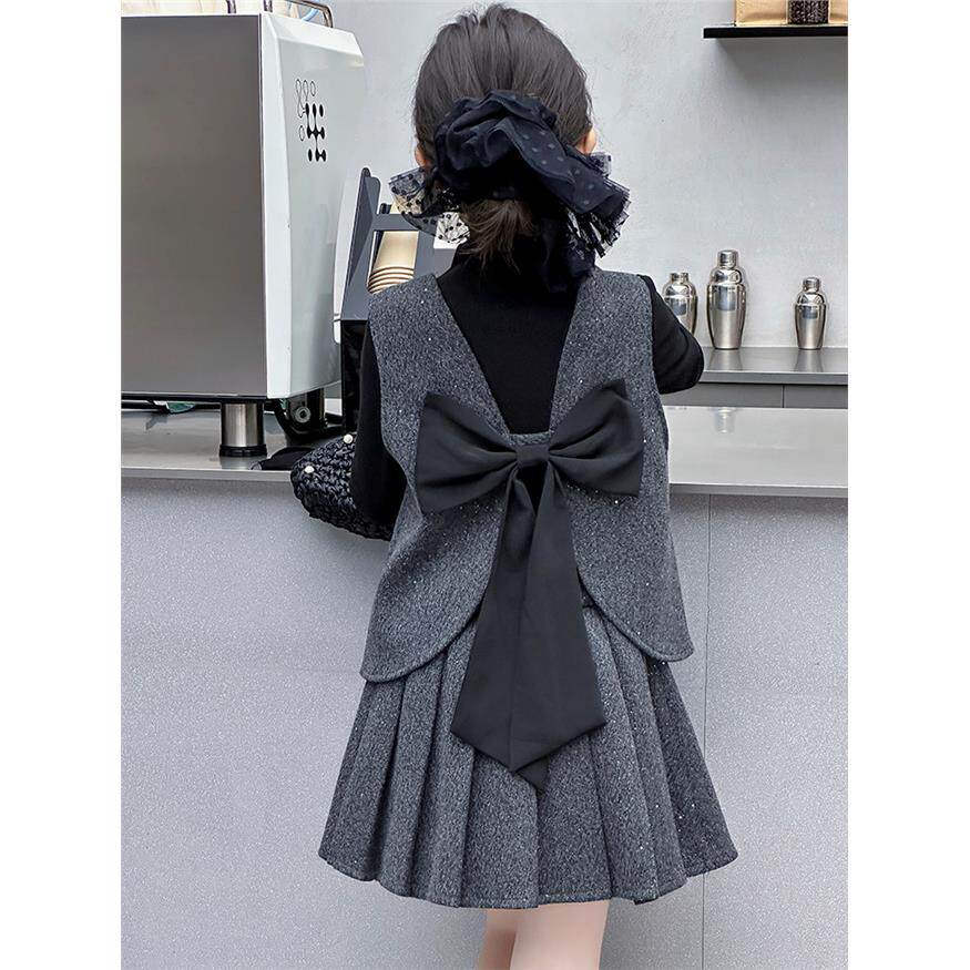 女童套装秋装洋气中大童女孩打底衫蝴蝶结小香风马甲背心裙三件套