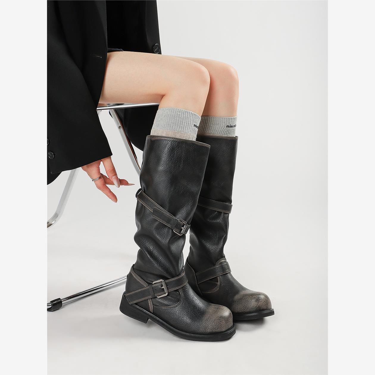 nt3同款做旧擦色皮带扣堆堆靴粗跟西部新疆靴女两穿宽筒围骑士靴