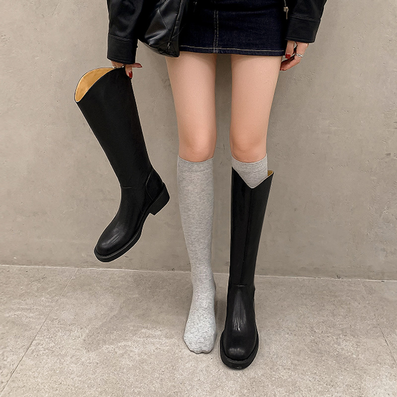 ins暴走不累！巨显瘦~真皮V口靴子女长筒靴中跟软底不过膝骑士靴