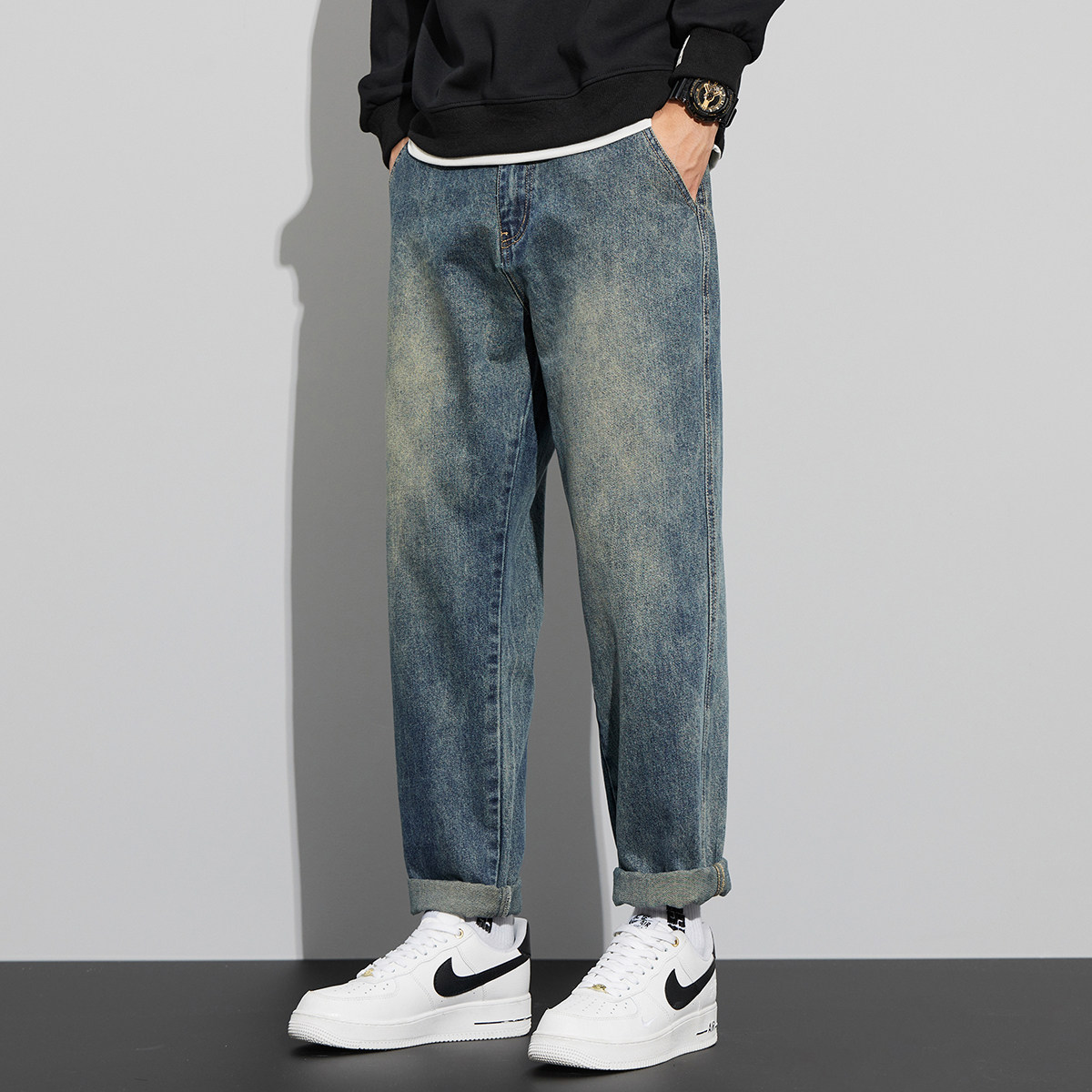 加绒牛仔裤男款冬季加厚复古休闲潮牌美式直筒新塘水洗宽松长裤子