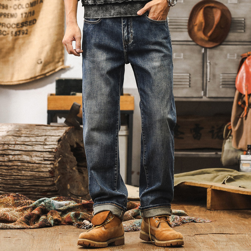 美式复古加绒牛仔裤2025新款潮牌宽松直筒弹力水洗男士休闲长裤子