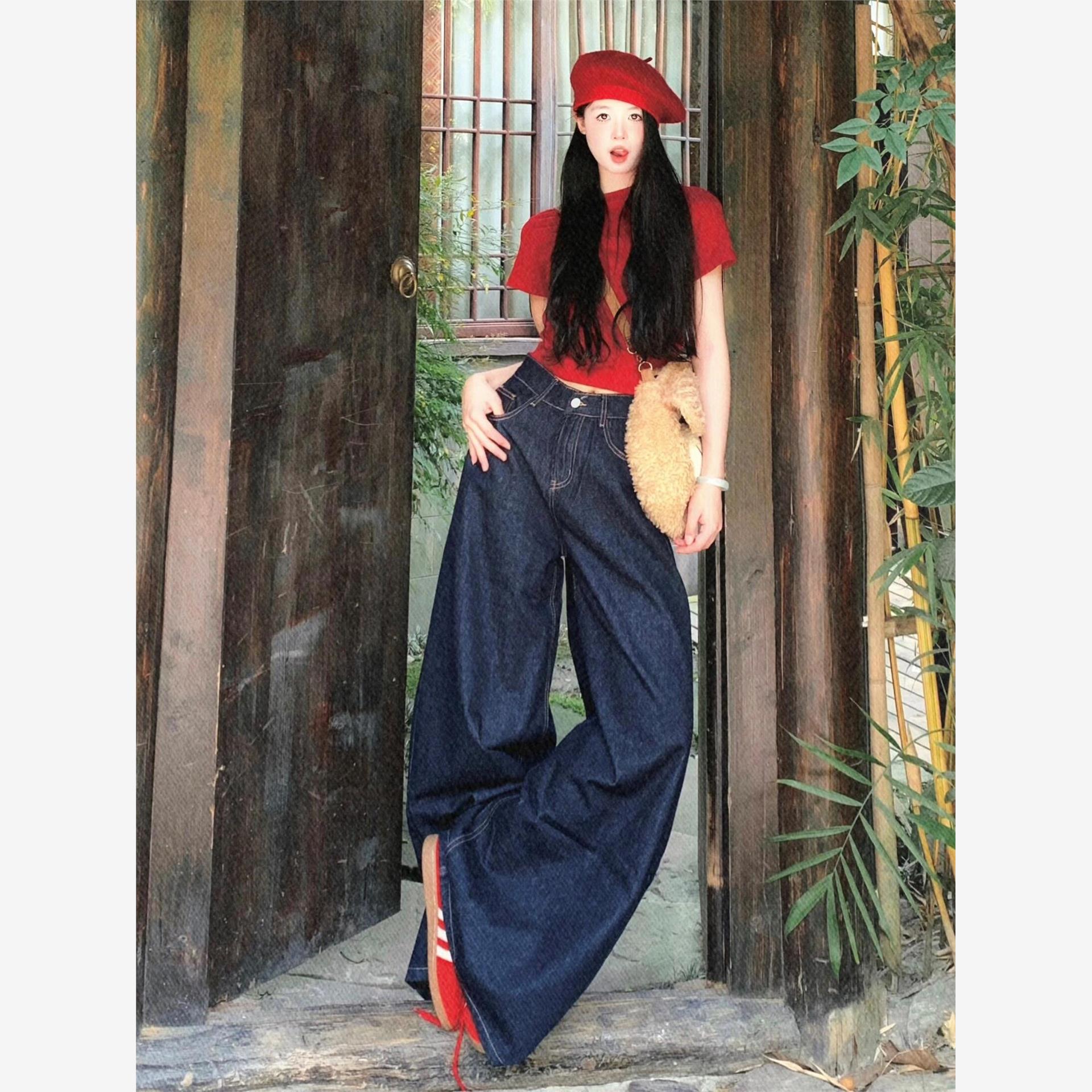 175高个子超长180复古深蓝色牛仔裤女夏季高腰宽松垂感阔腿拖地裤