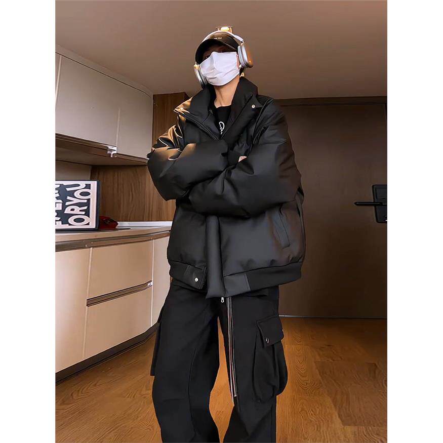 PU皮刺绣立领羽绒棉服男款冬季美式三防工装外套高级感短款面包服