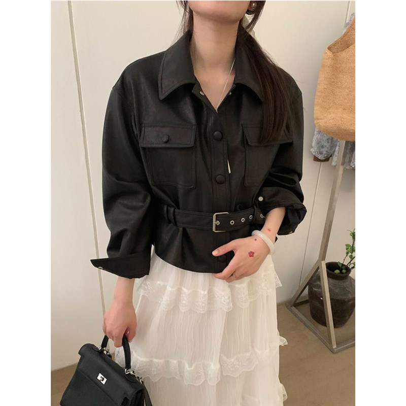 2025年开春新款休闲酷飒风黑色pu皮夹克机车短款皮衣修身外套女秋