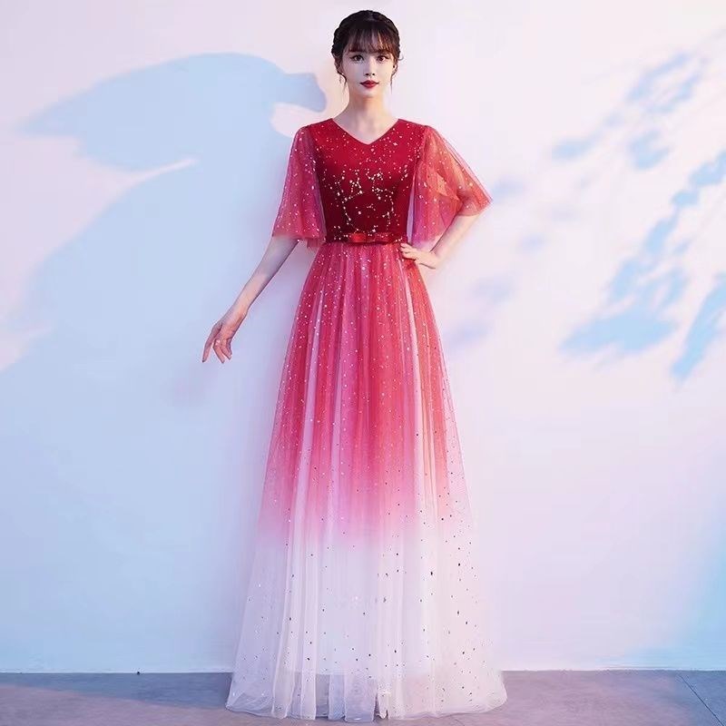 大合唱团演出服女成人诗歌朗诵长裙红歌比赛宴会主持人气质晚礼服
