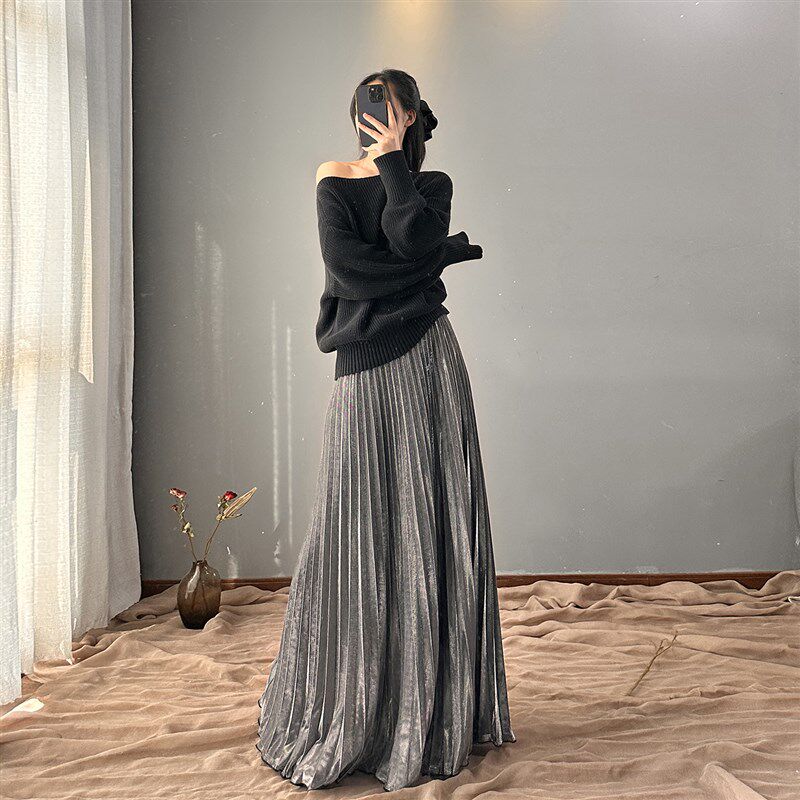 显瘦不显胯长裙微闪金属亮丝亮片百褶裙女松紧腰超长款拖地半身裙