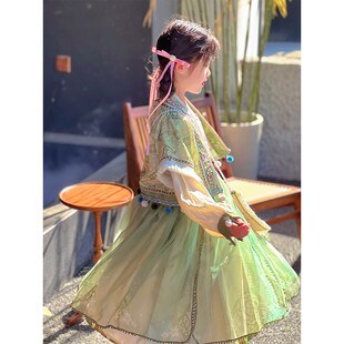 女童汉服2024春季新款儿童中国风马甲连衣裙包包女宝宝古风三件套