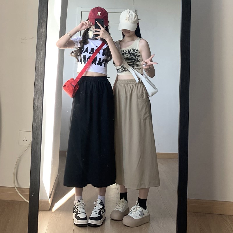 卡其色工装半身裙女夏季薄款高腰显瘦a字小个子美式直筒阔腿裙裤