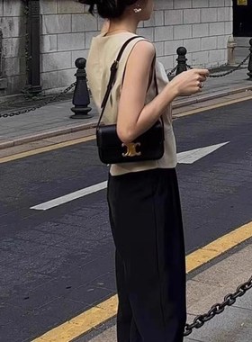 黑色V领开衫背心马甲女2023秋季新款复古叠穿修身显瘦无袖上衣