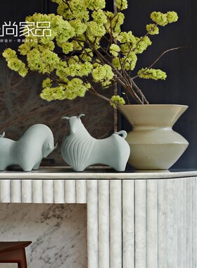 新中式砂岩对牛装饰摆件简约样板房间客厅橱窗饰品创意书柜陈设